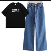 Black colour shirt(i need a huge shot of whiskey ) print with sky blue wide leg jeans